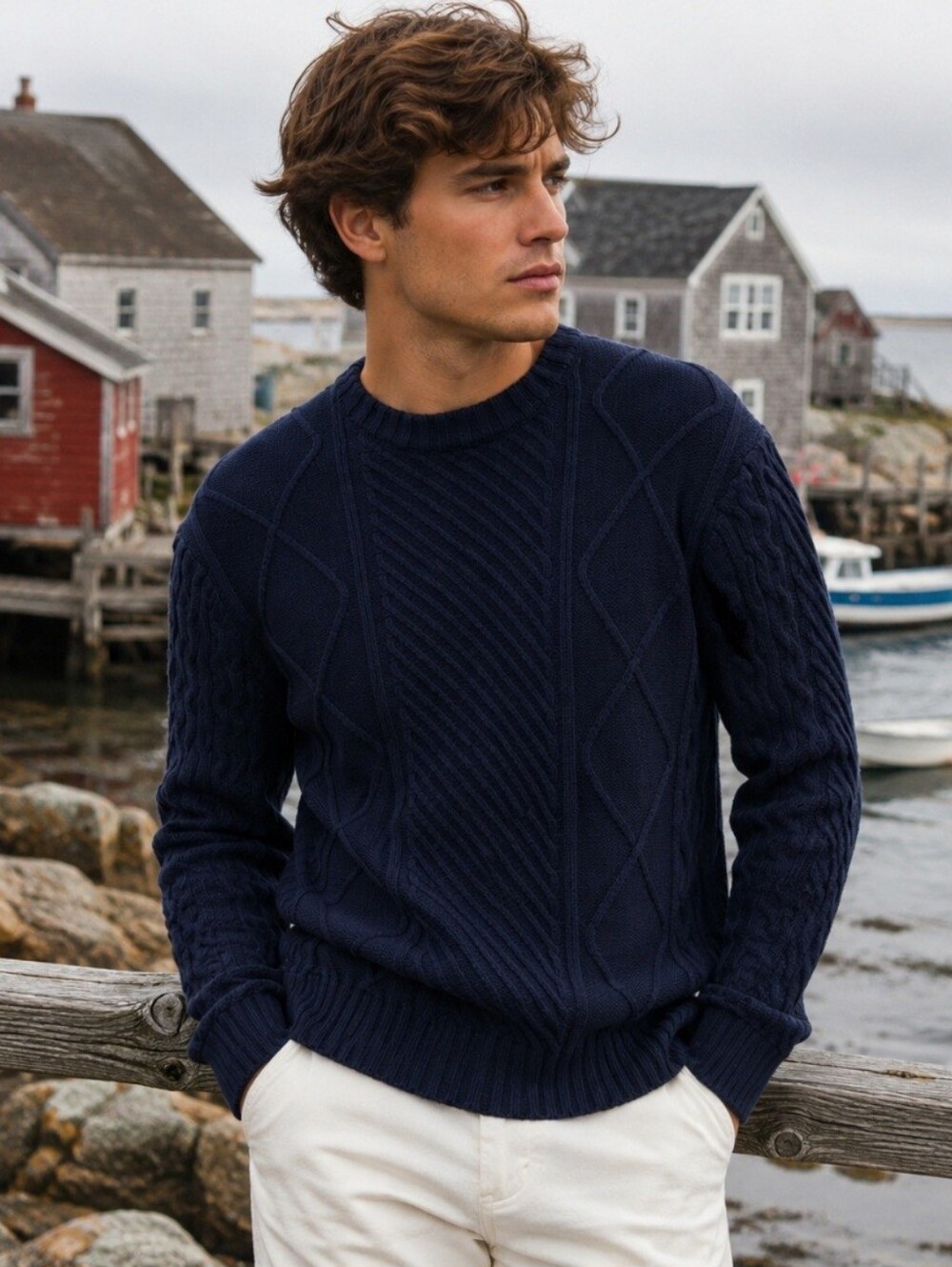 Fishermancore Navy Soft 100% Cotton  Year round Cable Knit Sweater Medium